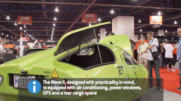 Li-ion Motors' Wave II is a $2.5 million X-Prize winner, this one in the Alternative Side by Side class. It's a battery powered vehicle that Li-ion says can go 120 miles between charges. Unlike the Very Light Car, the Wave II includes a few creature comforts including air-conditioning, satellite navigation and power windows. The company says it plans to build and sell electric cars just like the Wave II. Projected price is about $40,000.