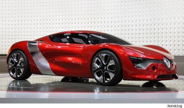 Renault Dezir Renault pulled the sheets back on its all-electric Dezir at this year's Paris Motor Show, and the concept is as sexy as it is absurd. Designers took a stab in an all-new direction with a pair of reverse-hinged butterfly doors that are the epitome of awesome. Likewise, the ultra-wide stance and aluminum sideblades are our kind of flashy. As you might expect, this concept makes use of a fittingly-futuristic powertrain. Renault says that under all of that curvy sheet metal there's a full EV drivetrain on hand.
