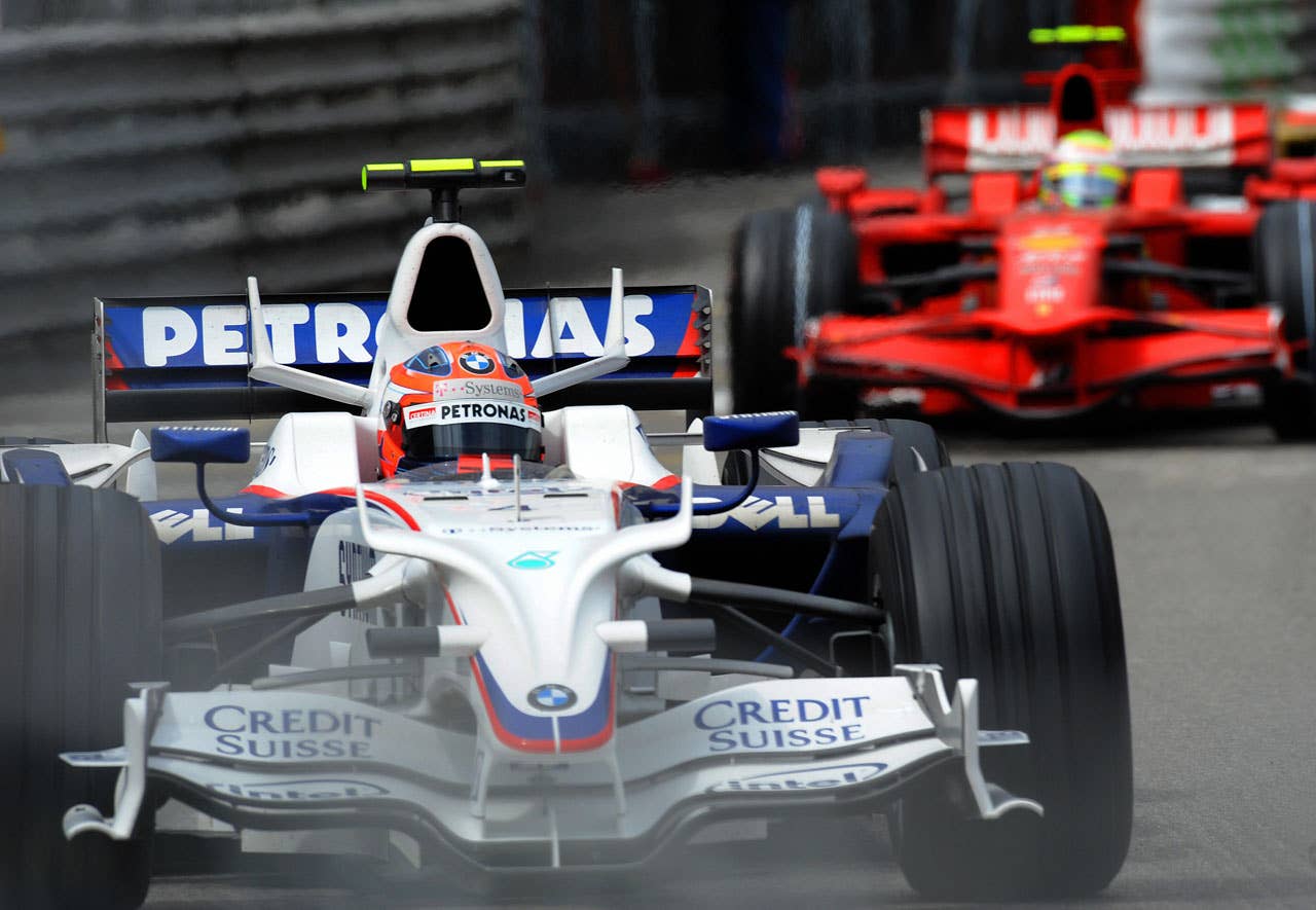 BMW Sauber's Polish driver Robert Kubica drives ahead of Ferrari Brazilian's driver Felipe Massa at the Monaco racetrack on May 25, 2008 in Monte Carlo, during the Monaco Formula One Grand Prix. McLaren Mercedes' British driver Lewis Hamilton won the race ahead of BMW Sauber's Polish driver Robert Kubica and Ferrari Brazilian's driver Felipe Massa. AFP PHOTO / BERTRAND GUAY (Photo credit should read BERTRAND GUAY/AFP/Getty Images)