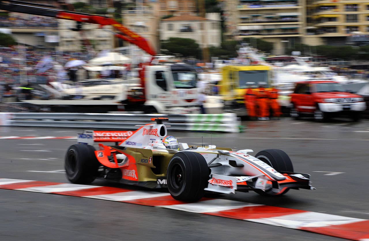 Force India's German driver Adrian Sutil drives at the Monaco racetrack on May 25, 2008 in Monte Carlo, during the Monaco Formula One Grand Prix. McLaren Mercedes' British driver Lewis Hamilton won the race ahead of BMW Sauber's Polish driver Robert Kubica and Ferrari Brazilian's driver Felipe Massa. AFP PHOTO / BERTRAND GUAY (Photo credit should read BERTRAND GUAY/AFP/Getty Images)