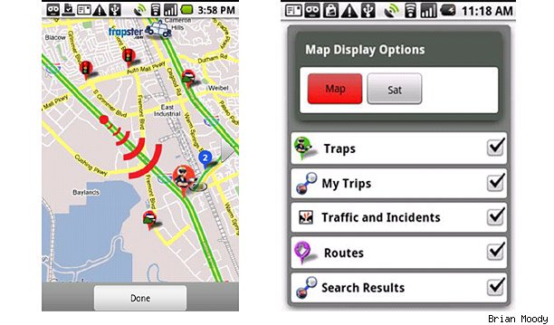 Trapster (Free) - The speed-trap database has a self-proclaimed five million users, all inputting data about speed trap locations. As you approach a known speed trap, red light camera or speed camera, you get a spoken word warning. Join the community of users and avoid getting ticketed.