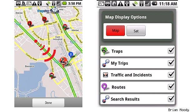 Trapster (Free) - The speed-trap database has a self-proclaimed five million users, all inputting data about speed trap locations. As you approach a known speed trap, red light camera or speed camera, you get a spoken word warning. Join the community of users and avoid getting ticketed.