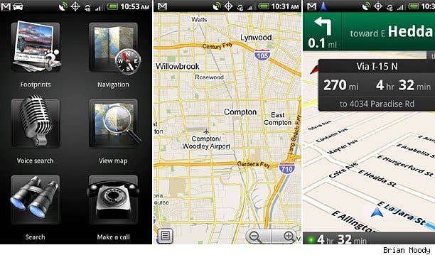 Maps and Car Panel (Free) - These both come with Android v2.0 or higher. Car Panel allows quick and easy access to recent calls, Google search, navigation, voice commands, maps and saved favorite places. Car Panel essentially combines the navigation and maps function into a more car friendly application similar to how an information, communication and entertainment screen would work in a factory installed nav system. Purchase and aftermarket mount for your Android Smartphone and either one of these features mean you just upgraded your handheld phone to an in-car portable navigation device. Navigate "from current location" is especially helpful when you're just plain lost.