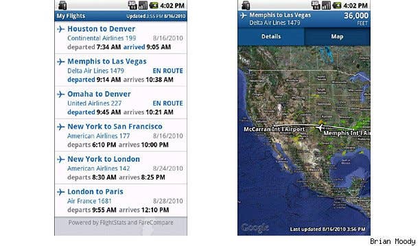 FlightTrack ($4.99) - This one is a must-have for frequent fliers. FlightTrack gives you live flight status and gate information, live flight tracker maps and you can import data from the TripIt travel planning website.