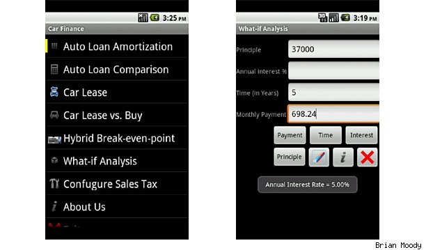 Car Finance Professional ($5.99) -A must have for anyone in the market for a new or used car, this app turns your phone into a pocket financial calculator, complete with graphs and charts. It's all designed to help you compare leasing versus buying and calculate your loan or lease payment. Those comparing a hybrid to a less expensive non-hybrid can even calculate the break-even based on the car's price, fuel prices and miles driven. Here's a little hint, it's a lot longer than you think.