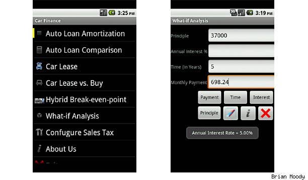 Car Finance Professional ($5.99) -A must have for anyone in the market for a new or used car, this app turns your phone into a pocket financial calculator, complete with graphs and charts. It's all designed to help you compare leasing versus buying and calculate your loan or lease payment. Those comparing a hybrid to a less expensive non-hybrid can even calculate the break-even based on the car's price, fuel prices and miles driven. Here's a little hint, it's a lot longer than you think.