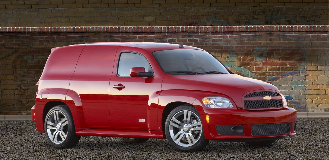 We love the Chevy HHR Panel. It's way cooler-looking than it's window-clad sibling, and in SS trim it's damn fun to drive, too. The HHR isn't a good first date vehicle, however, because nothing puts up more red flags on a first date than a vehicle without windows.