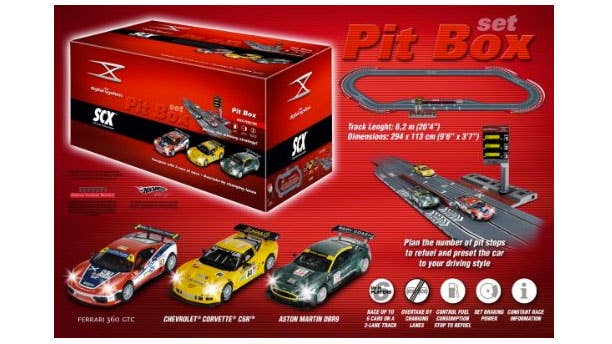 SCX Digital - GT Pit Box Set Price: $349.99  Hobbyists and kids alike have enjoyed the scaled down racing action of slot cars fornearly a century, but this remote controlled micro motoring has always lacked a certain sense of realism. That is, until slot cars went digital.  Now, sets like SCX's GT Pit Box allow for lane changing, multiple cars per lane and active fuel management. Racers monitor a digital readout of their remaining fuel and have to hit the pits before hitting empty, or else experience an embarrassing stall out as competitors fly past. The ability to pit, as well as change lanes to overtake, adds that bit of depth that slot car sets had always been missing. It's enough to awaken the kid in us all.