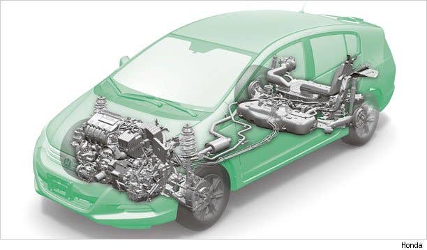 Engine-Mounted Mild Hybrid, continued - These engine-mounted mild hybrids are less expensive to build than power-split systems and have the advantage of being modular. Separating the electric motor from the transmission makes it easier to adapt the technology to different vehicles by combining an internal combustion engine and electric motor with any type of gearbox including manuals (Honda CR-Z), conventional planetary gear automatics (BMW ActiveHybrid 7) and continuously variable transmissions (Honda Insight).