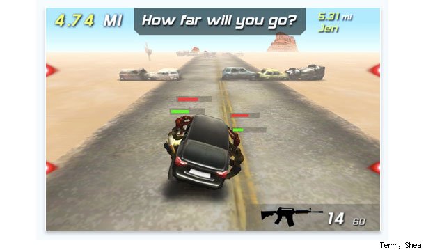 Zombie Highway ($0.99) - Life can't all be fun and games, but if the iPhone tells us anything it's that we can take our fun and games with us. While on the real road of life you probably don't have a well armed, zombie-shooting pal in the backseat, you do in the iPhone gaming world. Zombie Highway is another one of those addictively simple games that takes advantage of the iPhone's motion sensors and multi-touch screen to provide for killer game play in the space of a deck of cards. Unlike most other driving games, but like all zombie games, your mission in Zombie Highway is to survive the gauntlet of the reanimated hordes that lurk alongside the highway. You can either shoot them off as you gain weapons or you can get rid of them the old fashioned way by passing extra close to the abandoned wrecks that litter the highway, scraping off the brainless creatures as you go.
