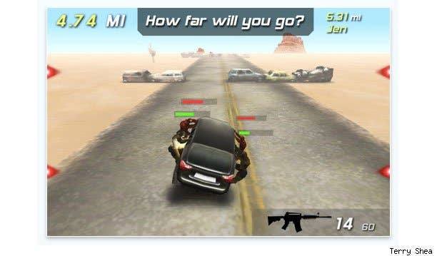 Zombie Highway ($0.99) - Life can't all be fun and games, but if the iPhone tells us anything it's that we can take our fun and games with us. While on the real road of life you probably don't have a well armed, zombie-shooting pal in the backseat, you do in the iPhone gaming world. Zombie Highway is another one of those addictively simple games that takes advantage of the iPhone's motion sensors and multi-touch screen to provide for killer game play in the space of a deck of cards. Unlike most other driving games, but like all zombie games, your mission in Zombie Highway is to survive the gauntlet of the reanimated hordes that lurk alongside the highway. You can either shoot them off as you gain weapons or you can get rid of them the old fashioned way by passing extra close to the abandoned wrecks that litter the highway, scraping off the brainless creatures as you go.