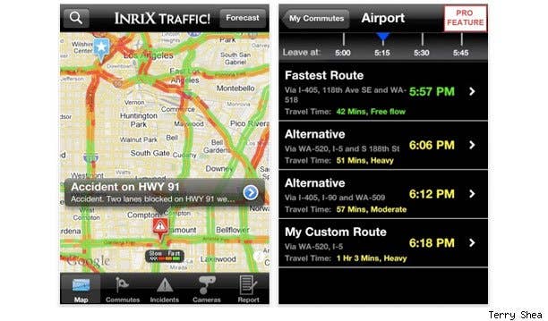 INRIX Traffic! (Free) and INRIX Traffic! Pro ($9.99) - INRIX Traffic provides not only real-time traffic and congestion reports but also predictive traffic forecasts. L.A. area readers are sure to tell us that predicting traffic on the 405 is a pretty easy hunch for man or machine (bumper-to-bumper would be a first guess), but if you allow INRIX, it will upload your speed and location to update its information while also building models for forecasting traffic patterns. In other words, you report on the traffic without actually having to do anything. With more data, of course, can come more accuracy. INRIX Traffic not only includes traffic information related to accidents, construction or congestion, but it also warns of pending traffic on your route from sporting events, concerts and similarly large gatherings. Commuters may want to step up to the Pro version (an in-app upgrade for $9.99 per year or $24.99 lifetime) which gives you the option of adding regular routes (where it can predict your ETA), access to traffic cameras and even tell you what's the best time to leave for work and return based on the traffic you encounter.