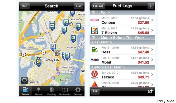 GasBook ($0.99) - There are quite a few apps available that aggregate user-generated data for finding the cheapest gas around, but GasBook allows you to use the iPhone's GPS location feature as well as manually entering a ZIP code, making the app that much more useful on the road. After all, how often do you know the ZIP code or even the municipality you are in when traveling? The app's flexibility allows you to exclude certain gas brands, say, if they don't take your credit card, to have the built-in Google Maps application show the location of the station and it's distance from you.As a GasBook user you are expected to upload the latest prices when you buy gas, since the real utility of the app requires constant input from users. GasBook also allows you to keep a log of gas purchases where you can enter mileage and get fuel economy and spending reports that can be broken down various ways, should you really want to parse the information.
