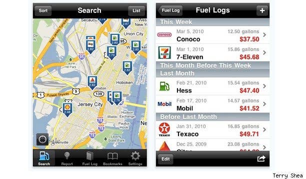 GasBook ($0.99) - There are quite a few apps available that aggregate user-generated data for finding the cheapest gas around, but GasBook allows you to use the iPhone's GPS location feature as well as manually entering a ZIP code, making the app that much more useful on the road. After all, how often do you know the ZIP code or even the municipality you are in when traveling? The app's flexibility allows you to exclude certain gas brands, say, if they don't take your credit card, to have the built-in Google Maps application show the location of the station and it's distance from you.As a GasBook user you are expected to upload the latest prices when you buy gas, since the real utility of the app requires constant input from users. GasBook also allows you to keep a log of gas purchases where you can enter mileage and get fuel economy and spending reports that can be broken down various ways, should you really want to parse the information.