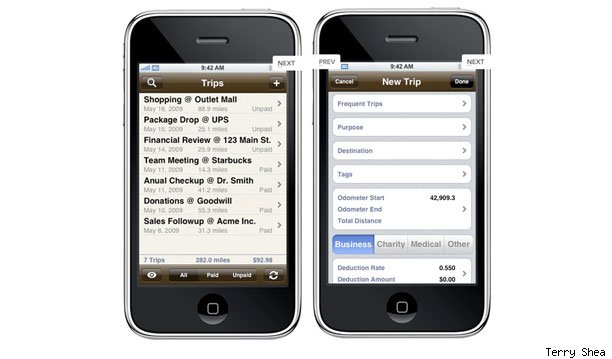 Trip Cubby ($4.99) - Show me a business traveler and I'll show you someone who hates paperwork. Having to drive for work and track mileage is not exactly difficult, but like most paperwork it's a pain in the posterior. Why not have your iPhone do it for you? While there are several apps out there that will use the GPS functionality for automatically logging trips, most of them have a stack of user complaints and when we tried them, they required a lot more input and rarely did they track trips with multiple legs, which many people who drive for work require.Trip Cubby, however, allows you to easily enter starting and ending odometer readings for each leg, name your trips and even export data in a format that can be imported into Excel. No muss, no fuss and one less thing to write down.