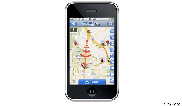 Trapster (Free) - Trapster is the sort of application the iPhone was made for, combining its GPS unit, communications tools, voice control and always connected status into a tool that gives the average motorist more than eight million people watching his back on the lookout for cops. Unlike websites that allows users to login and update speed trap information, Trapster allows you to update on the go, so that information remains truly fresh. You can even use a voice-controlled function that allows for hands-free updates. Users who update information are given“karma” points when the tip pans out. When you see a report from a user with a high number of karma points, you can be confident in the quality of the report.Trapster also provides information on known red light and speed-enforcement cameras, construction sites and just about any other hindrance you may encounter on the road. Trapster has additional functionality as a navigation tool and also direct connections to Facebook.At least one police department has been known to report their own speed traps because they believe that getting motorists slowed down and in compliance with the law is a lot easier to do than writing tickets and they know Trapster does just that.