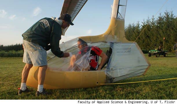 Todd Reichert trained daily in order to be strong enough to operate the ornithopter's wings with his legs.
