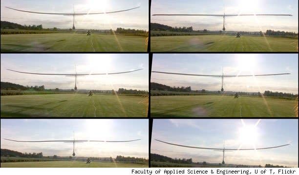 A series of photos showing the Snowbird's wings flapping. Reichert pumped a set of pedals attached to lines and pulleys in order to operate them.