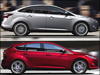 More aggressively styled than the Chevrolet Cruze, the all-new Focus is based on Ford's globally-developed C-Car platform. (Cars of this size are generally talked about as C-Segment vehicles by industry insiders). Ford will begin building two different body styles of the new Focus at a plant in Wayne, Michigan that used to build full-size, gas-swilling SUVs. After receiving rave reviews for several concept cars including the Iosis (shown at the Frankfurt, Germany motor show in 2005), Ford developed an exterior style they're calling "kinetic design form." Their goal was to make the car look as if it's moving, even when parked. The 2011 Ford Fiesta is the first Ford to bring kinetic design to the U.S. The Focus's exterior design is sporty, especially as applied to the five-door hatchback. But the sedan is certainly not staid and stuffy. The Cruze and Focus are nearly identical in length and height. The Focus is an inch wider, but the body rides on a 104.2-inch wheelbase compared to the Cruze's 105.7-inch spacing.Read MoreIn Pictures: 2012 Ford FocusIn Pictures: 2011 Chevy Cruze2010 Detroit Auto Show
