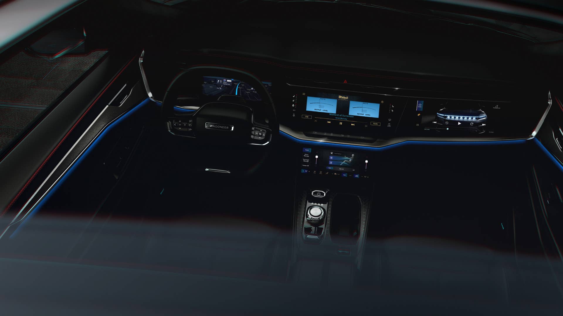 Built on the all-new, highly flexible, BEV-native STLA-Large platform, the all-new Jeep® Wagoneer S interior features premium technology seamlessly integrated with meticulously crafted artisan details. Mindful materials and design-focused features include a tailored driver control center with a unique Jeep brand-exclusive Selec-Terrain toggle and dynamic, color-selectable ambient lighting. The Jeep Wagoneer S will also feature a standard dual-pane panoramic sunroof and, expanding the Jeep brand’s exclusive collaboration with McIntosh, will offer a discerningly tuned, segment-exclusive, 19-speaker, premium flagship McIntosh audio system.