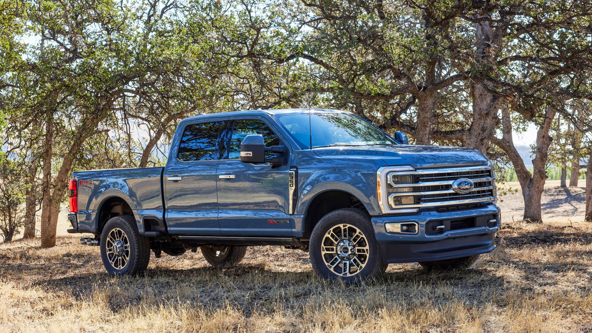 Available spring 2023. Preproduction 2023 F-350 Azure Gray (extra cost color) with optional features.