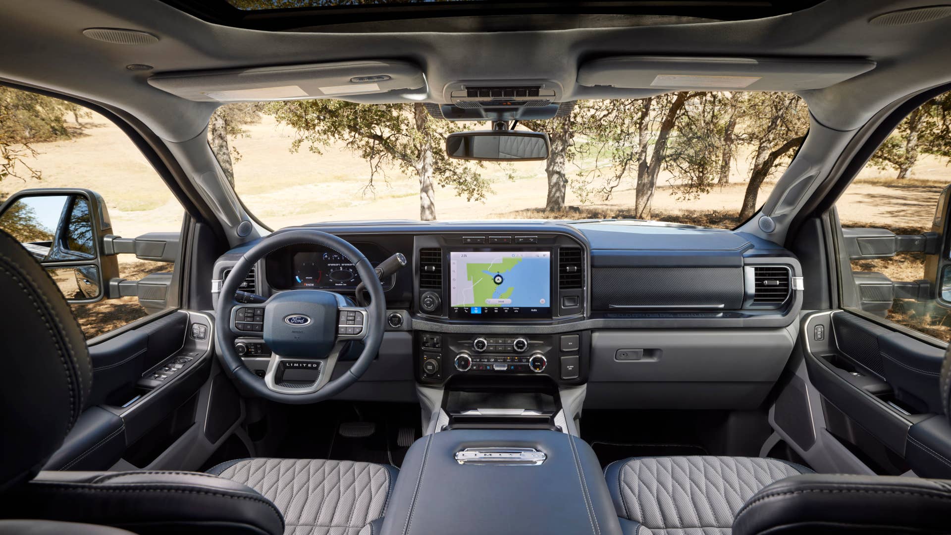 Available spring 2023. Preproduction 2023 F-350 Azure Gray (extra cost color) with optional features.