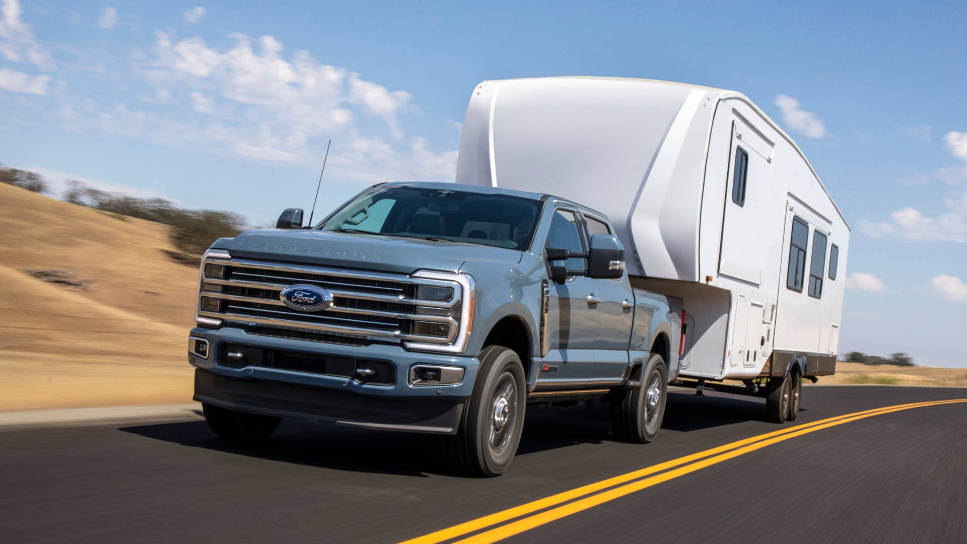 Available spring 2023. Preproduction 2023 F-350 Azure Gray (extra cost color) with optional features.