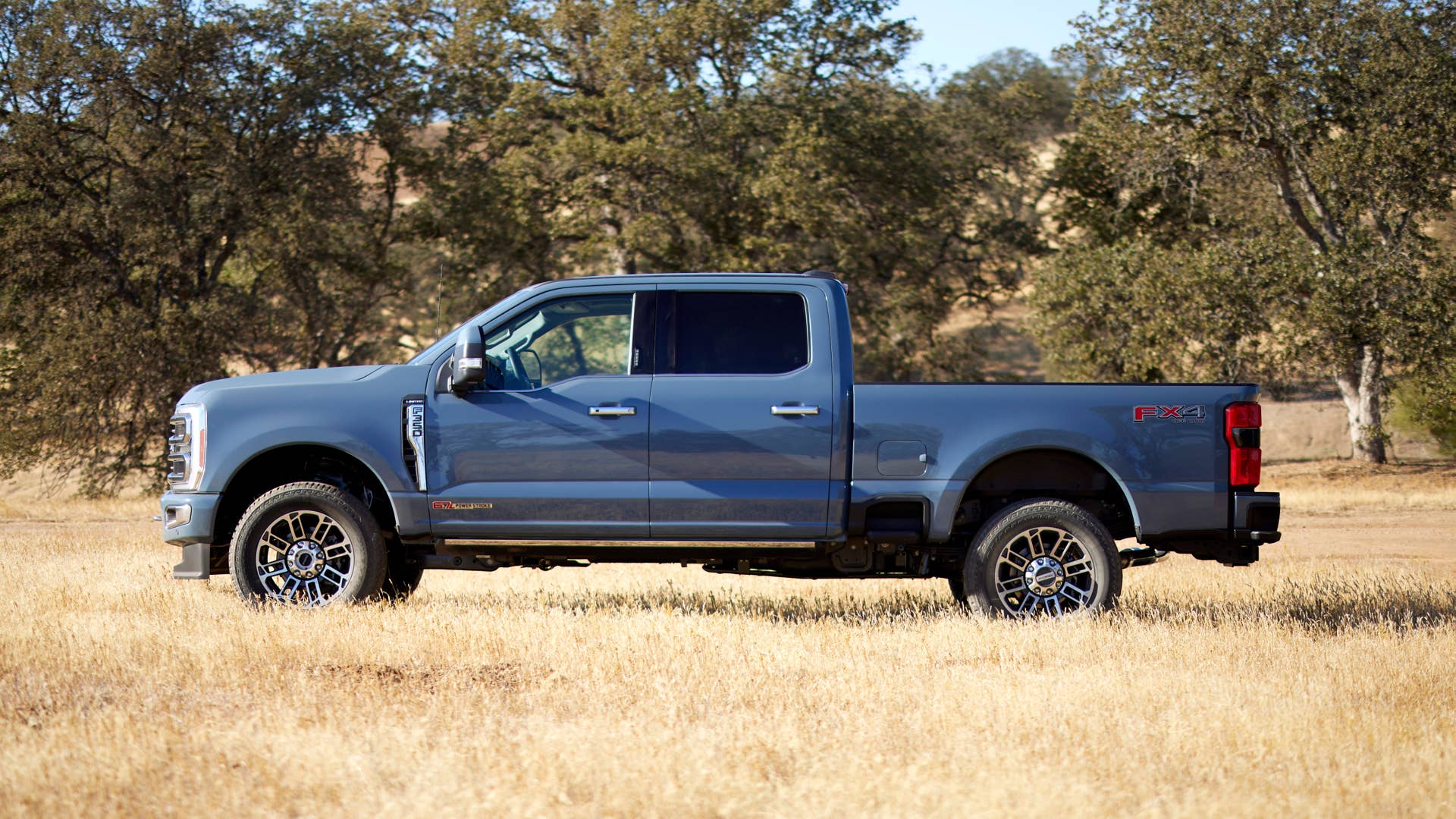Available spring 2023. Preproduction 2023 F-350 Azure Gray (extra cost color) with optional features.
