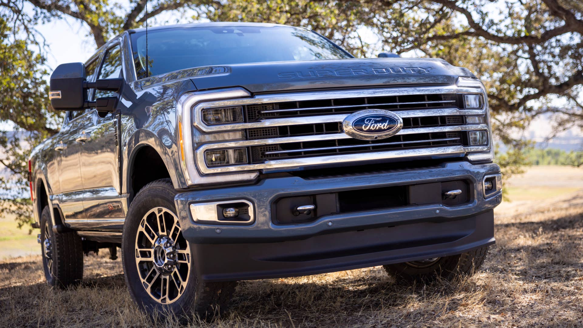 Available spring 2023. Preproduction 2023 F-350 Azure Gray (extra cost color) with optional features.
