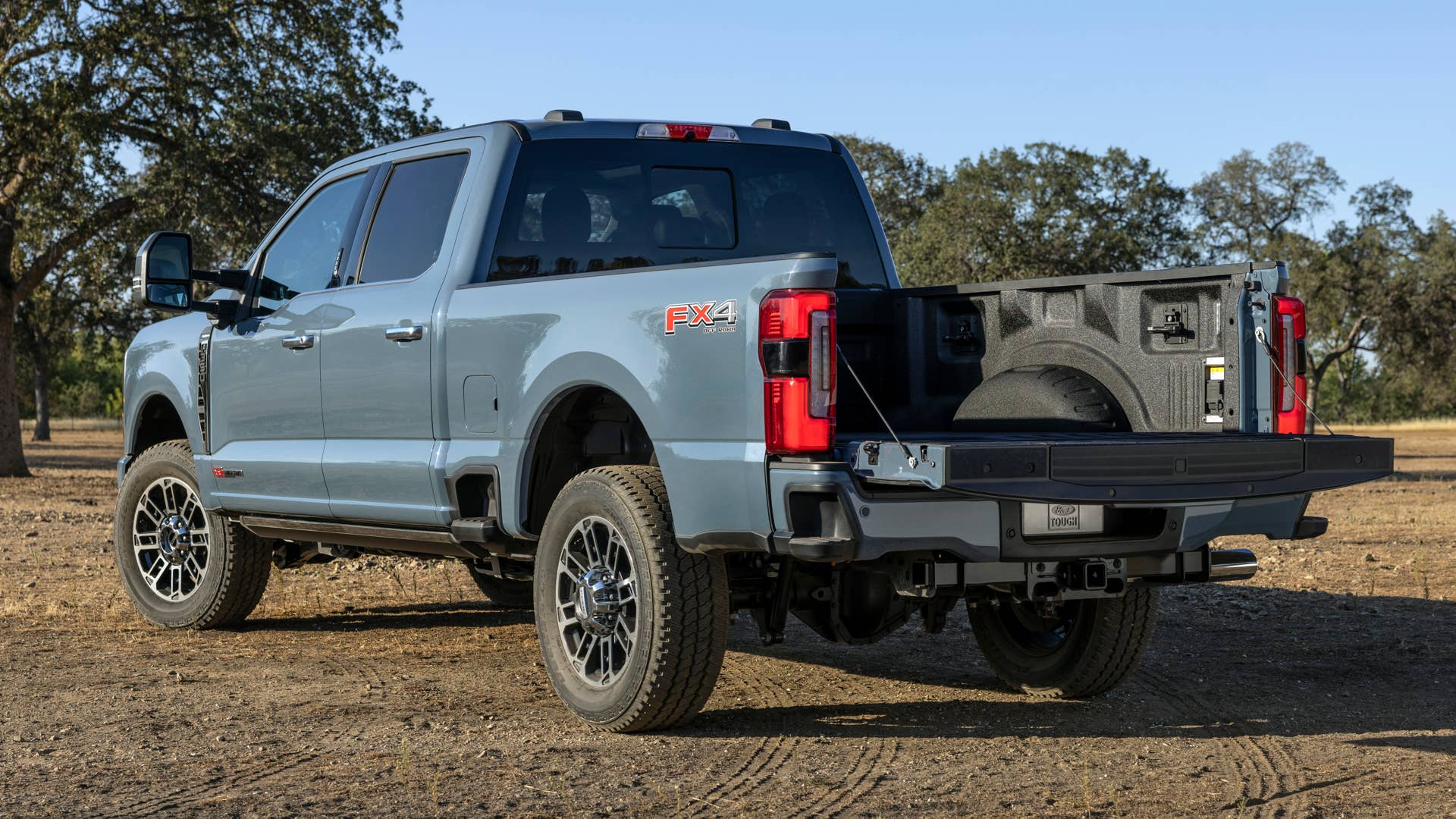 Available spring 2023. Preproduction 2023 F-350 Azure Gray (extra cost color) with optional features.