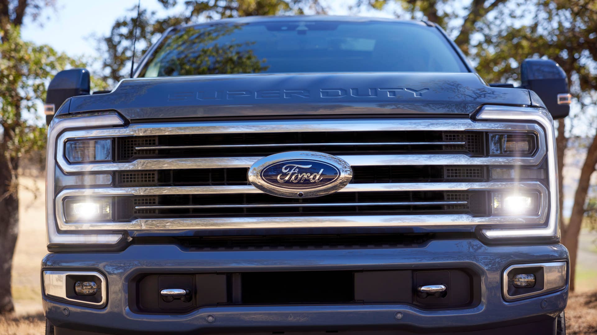 Available spring 2023. Preproduction 2023 F-350 Azure Gray (extra cost color) with optional features.