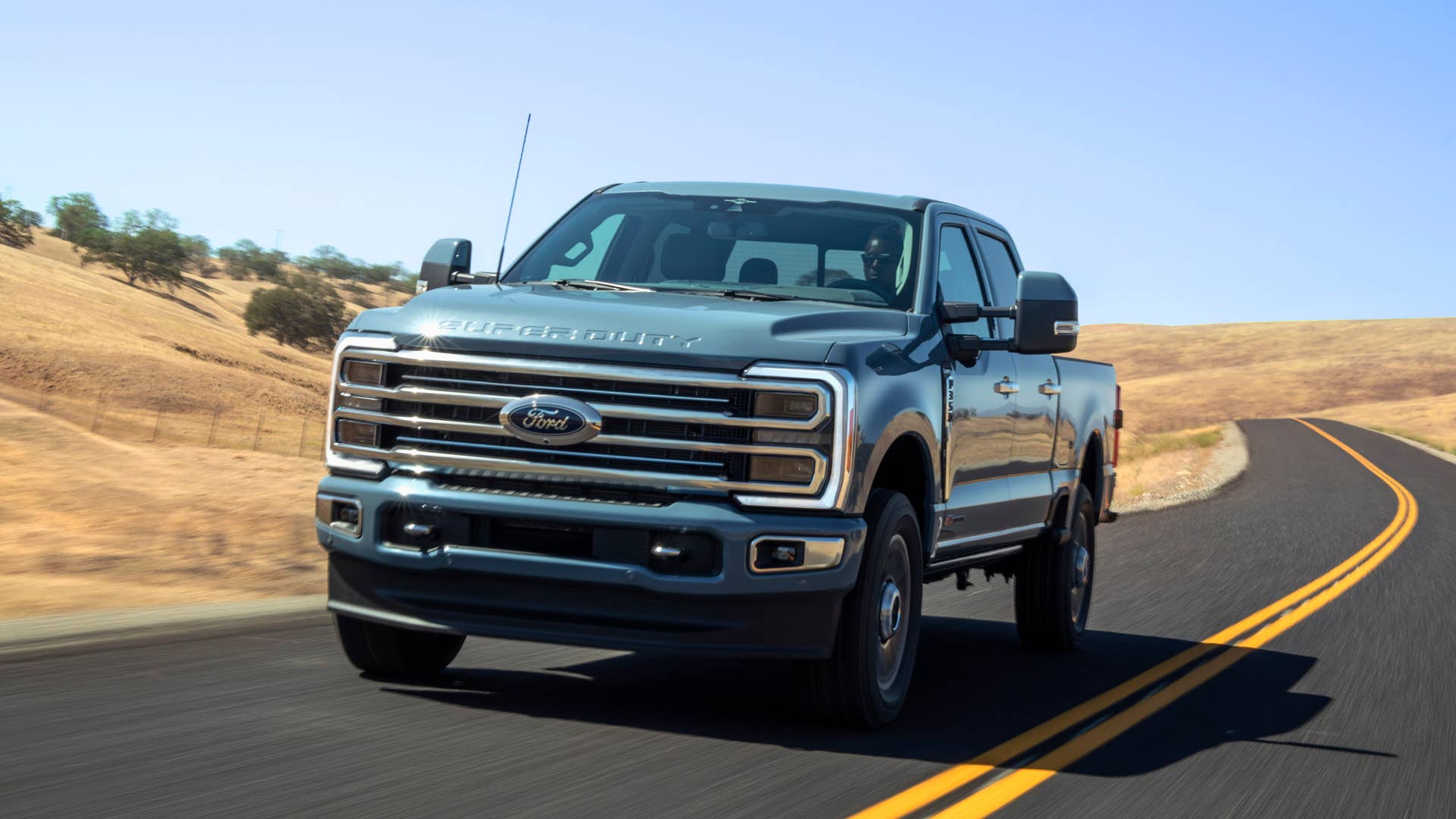 Available spring 2023. Preproduction 2023 F-350 Azure Gray (extra cost color) with optional features.