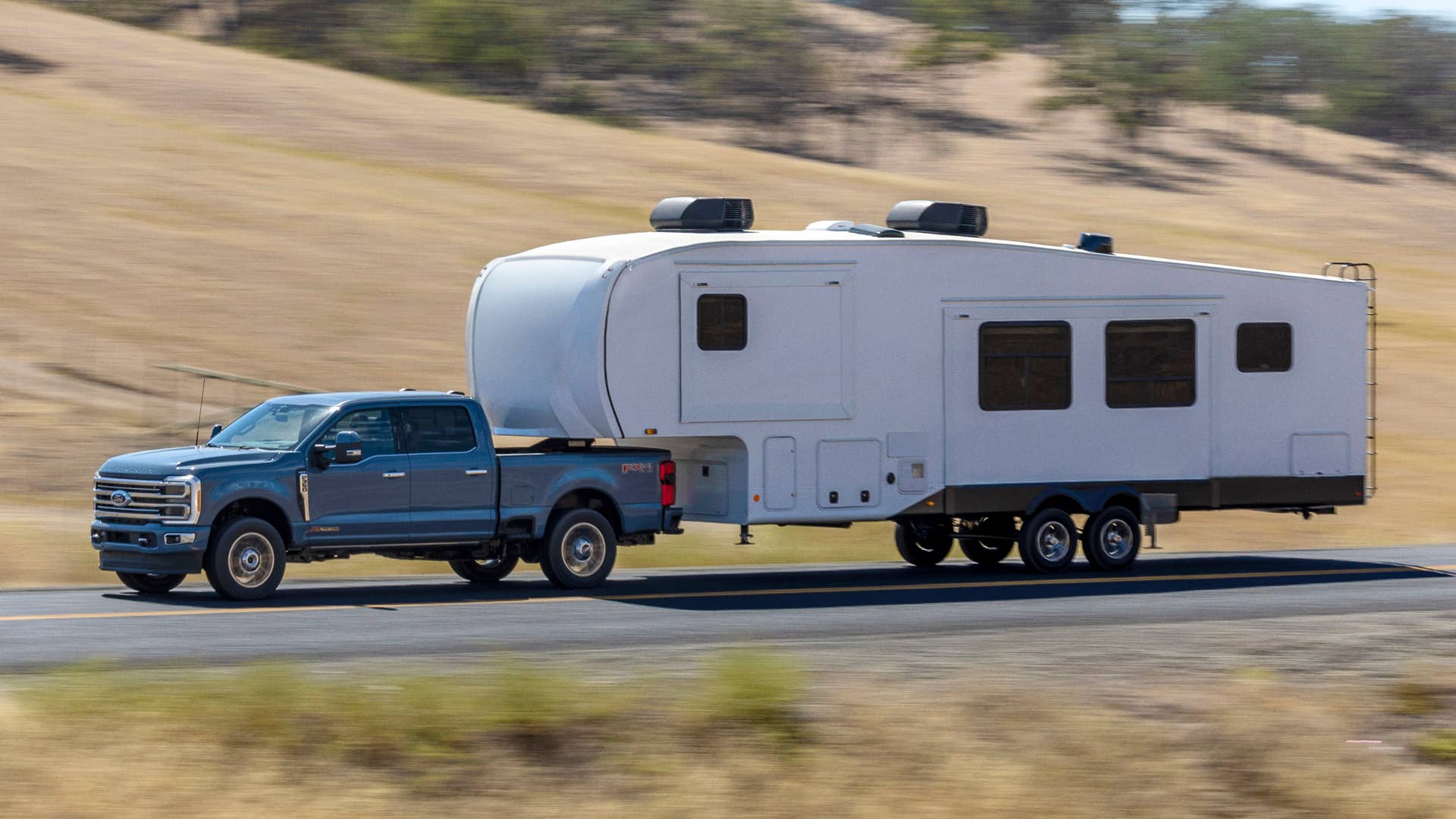 Available spring 2023. Preproduction 2023 F-350 Azure Gray (extra cost color) with optional features.