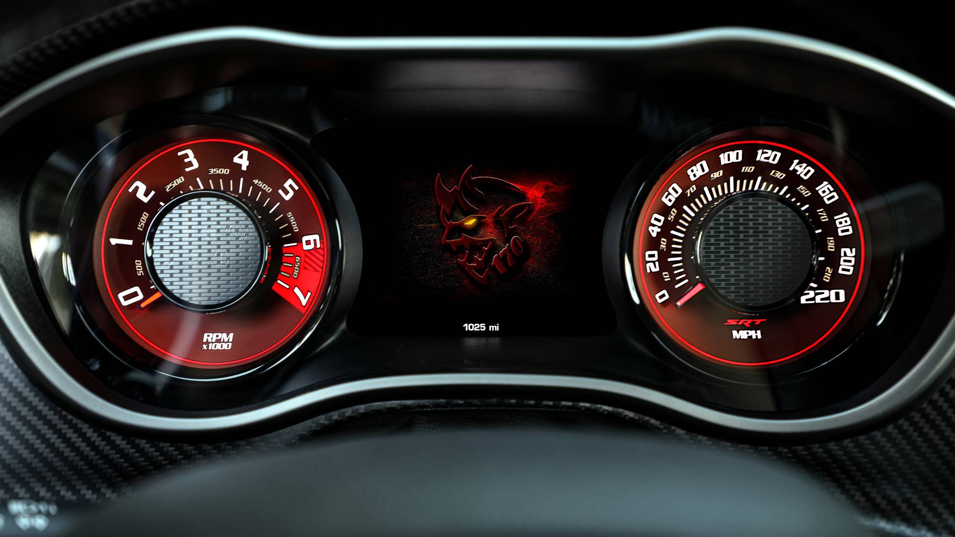 2023 Dodge Challenger SRT Demon 170 instrument cluster, featuring the reimagined Demon logo with a “170”-neck tattoo and a new E-85-representative yellow Demon’s eye.