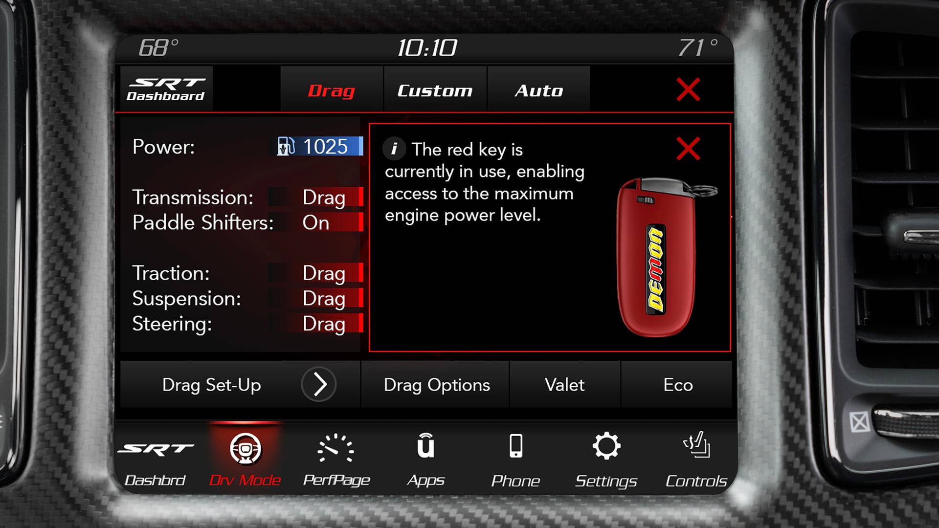 Red key fobs only for the 2023 Dodge Challenger SRT Demon 170, as shown on the 8.4-inch Uconnect touchscreen. Horsepower output is determined by the percentage of ethanol detected in the fuel.