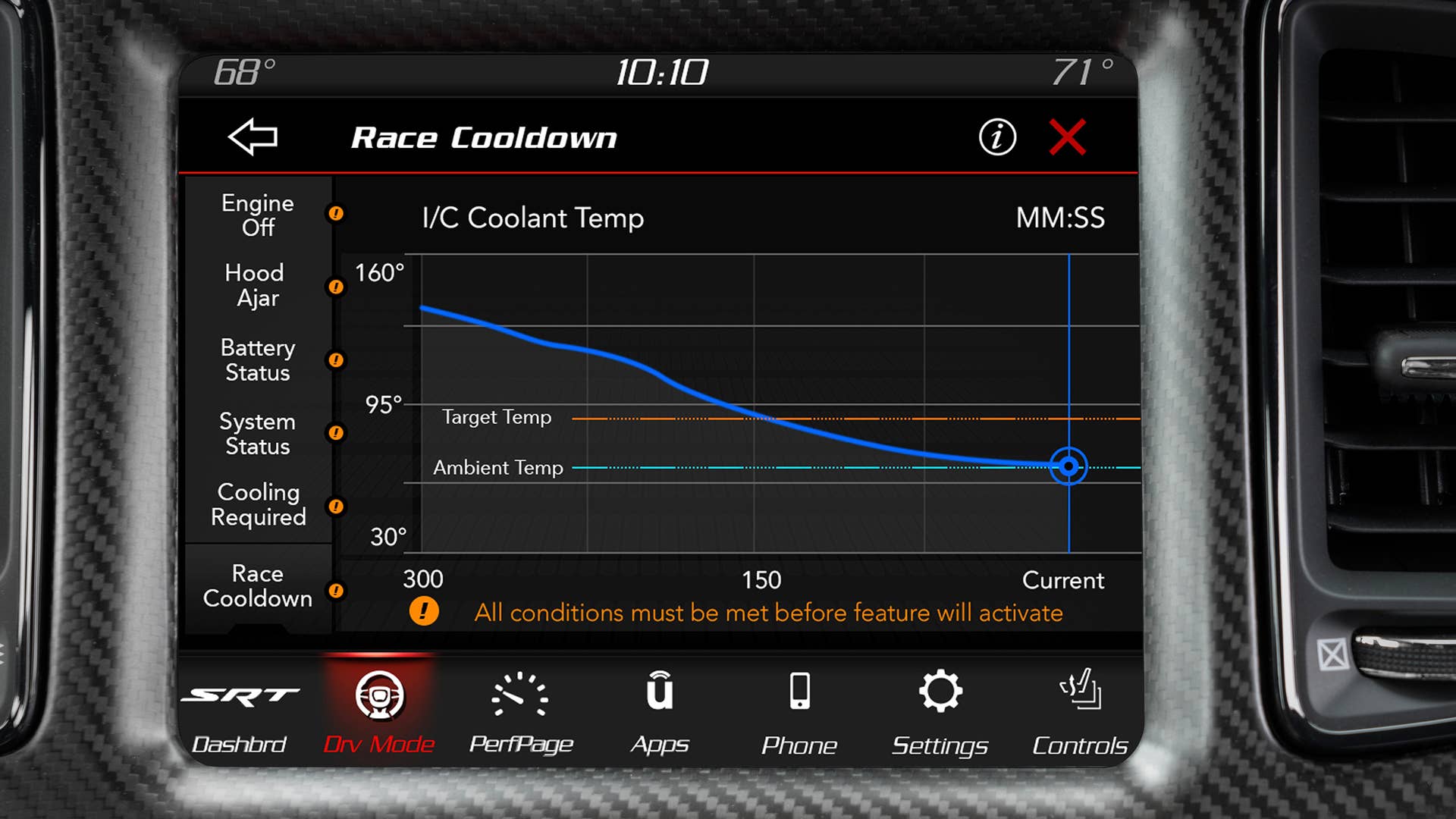 The 2023 Dodge Challenger SRT Demon 170’s standard Race Cool Down feature provides additional cooling after the engine has been shut down following a run down the strip, as shown on the 8.4-inch Uconnect touchscreen.