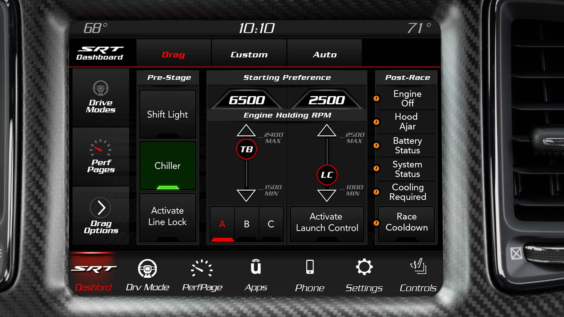 The dashboard page of the 2023 Dodge Challenger SRT Demon 170, as shown on the 8.4-inch Uconnect touchscreen, allows the driver to access drive modes, SRT Performance Pages and Drag Options.
