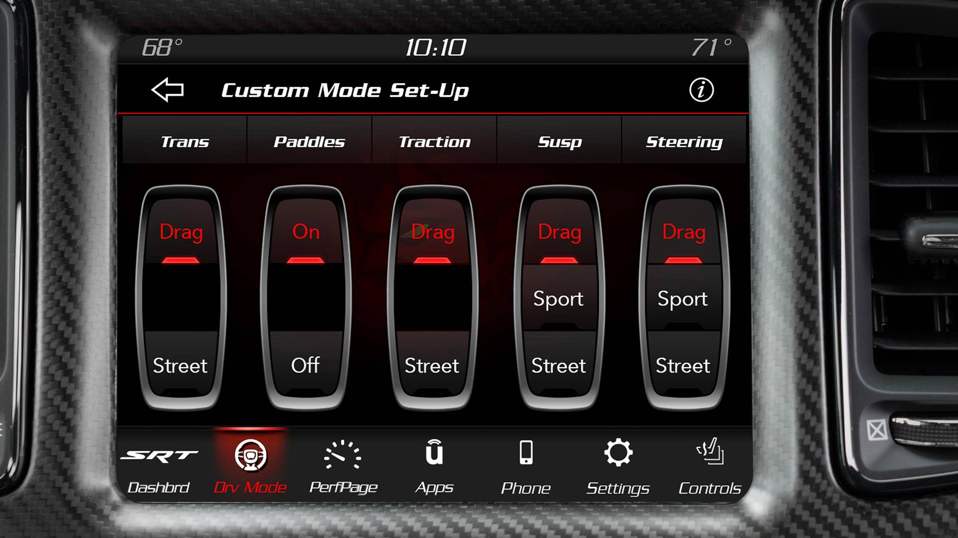 Drive modes for the 2023 Dodge Challenger SRT Demon 170 allow the driver to change or customize a full menu of vehicle performance parameters, including the transmission, shift paddles, traction control, suspension and steering.