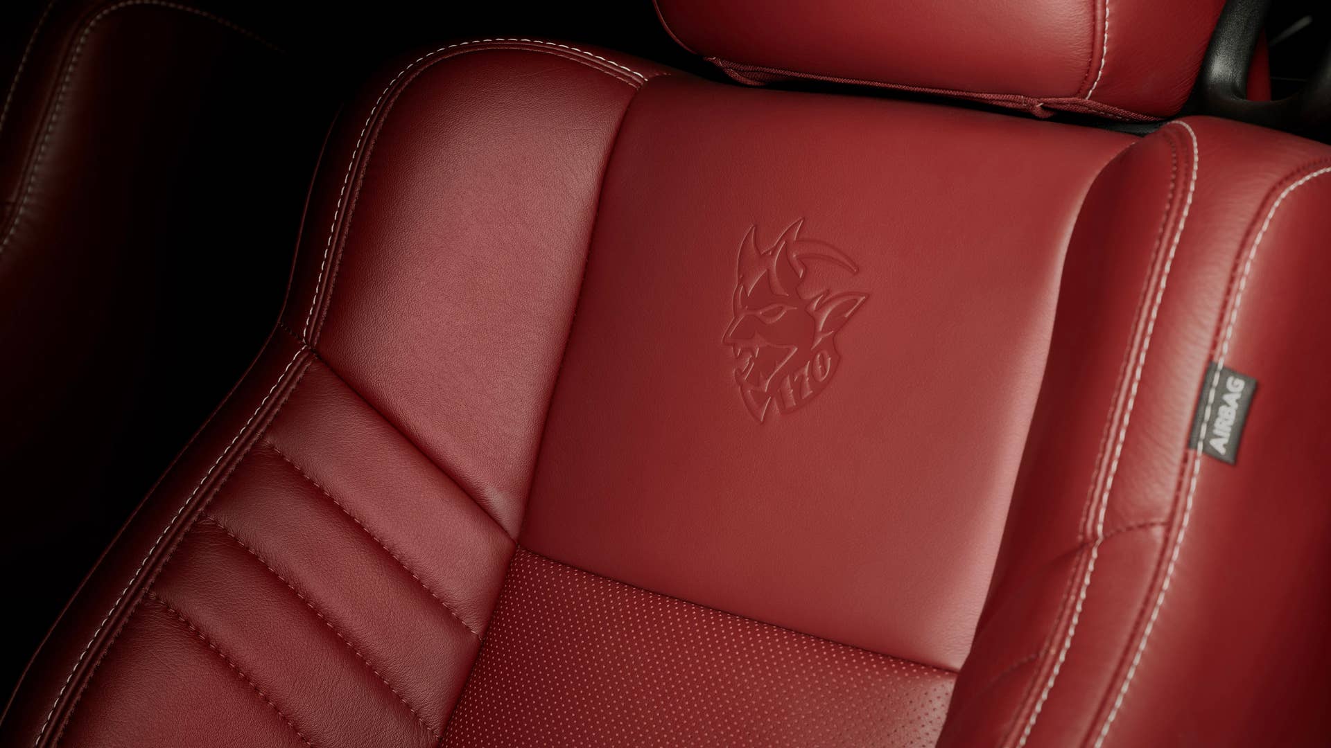 The 2023 Dodge Challenger SRT Demon 170 carries the Demon 170 logo on the optional premium leather seats.