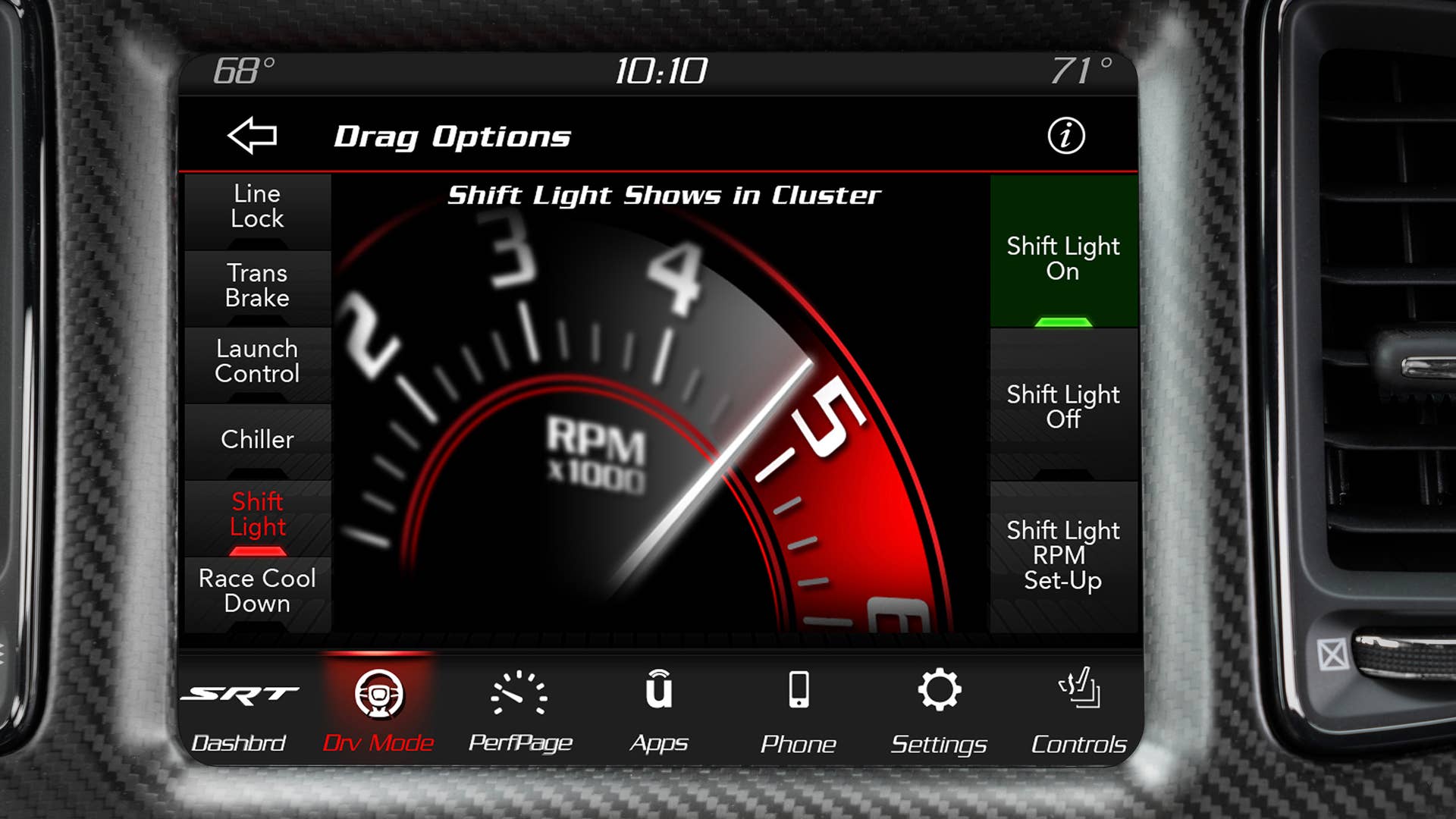 Drag Options for the 2023 Dodge Challenger SRT Demon 170 deliver information on key drag-specific vehicle functions such as shift lights, SRT Power Chiller, Line Lock, Launch Control with Launch Assist and Race Cooldown.