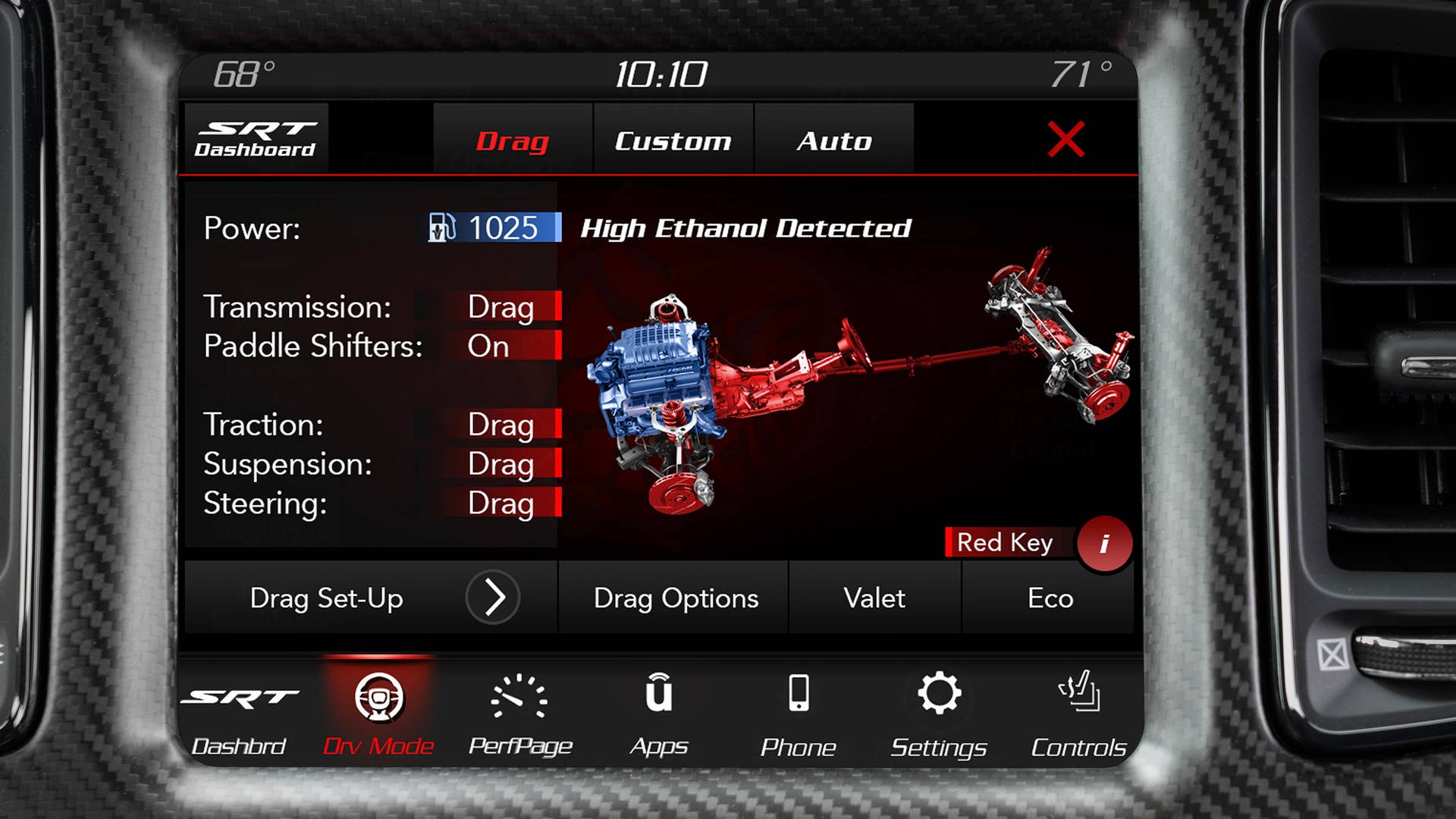 When high ethanol fuel content of more than 65 percent is detected in the 2023 Dodge Challenger SRT Demon 170, the gas pump cluster icon changes to blue, informing the driver that the Demon 170’s maximum 1,025 horsepower output can be unleashed.