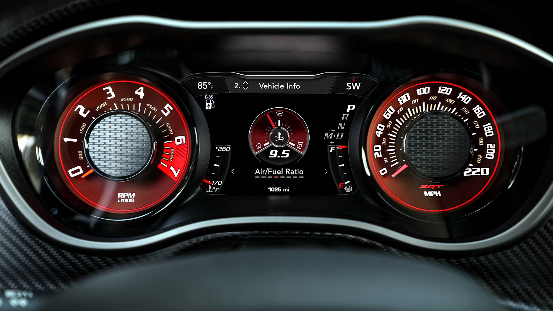 Air/Fuel Ratio gauge, with E-85 gas pump icon, on 2023 Dodge Challenger SRT Demon 170 instrument cluster.