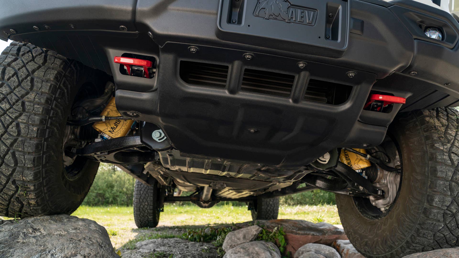View of the Colorado ZR2 Bison’s undercarriage and winch-capable bumper shown from the front.