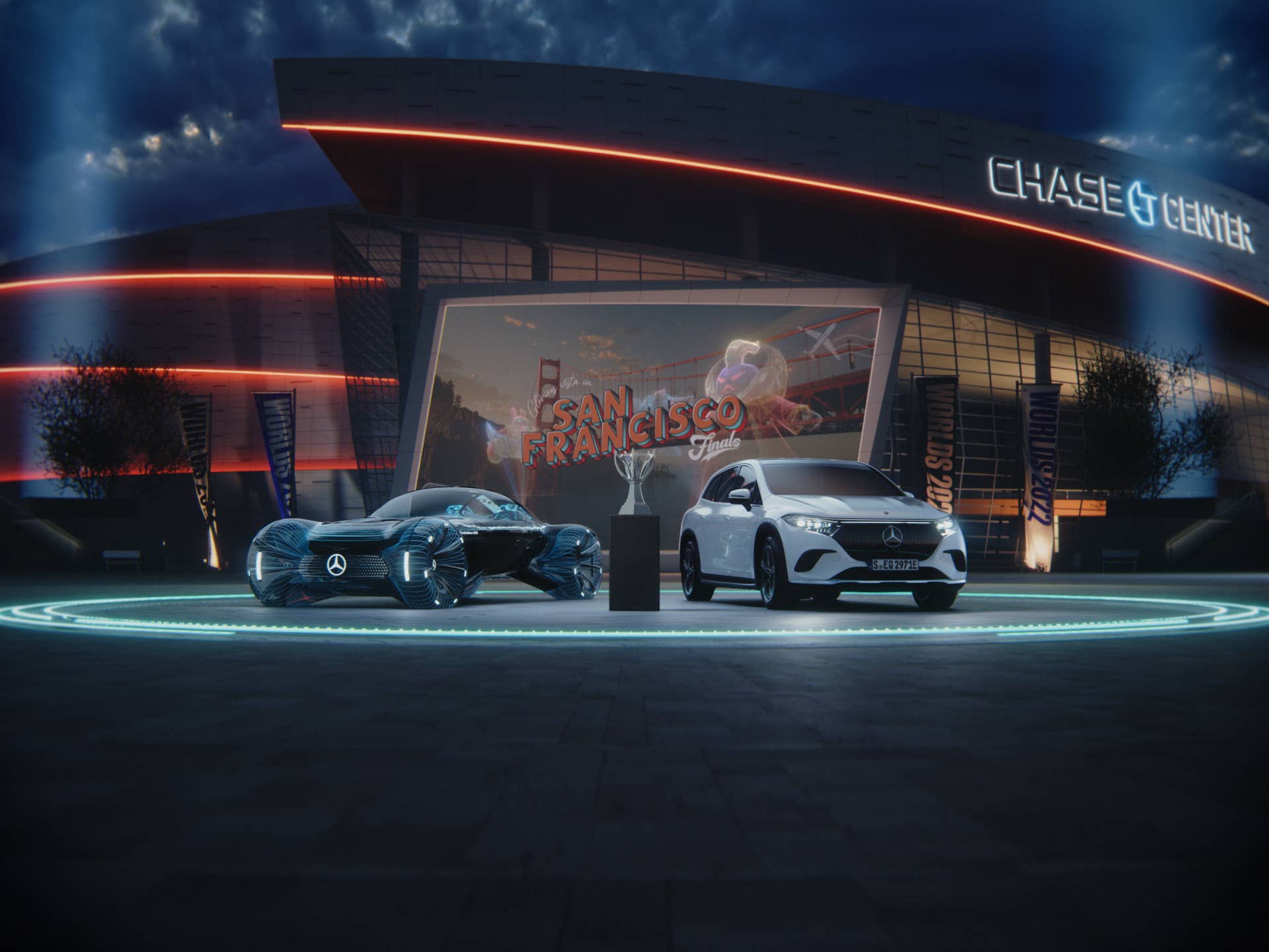 Der Mercedes EQS SUV und das virtuelle Showcar begleiten die League of Legends Worlds 2022 durch Nordamerika. The Mercedes EQS SUV and the virtual showcar accompany the League of Legends Worlds 2022 through North America.