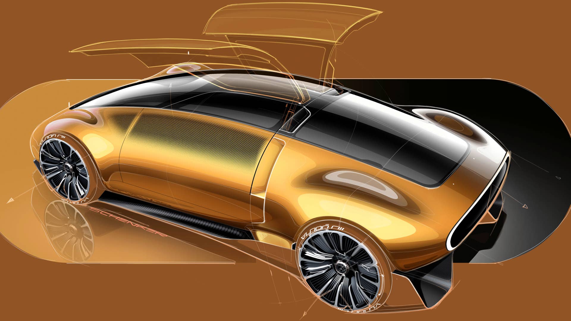 Mercedes-Benz Vision One-Eleven: Progressive Interpretation einer Markenikone der 1970er Jahre, Design Skizze, 2023 // Mercedes-Benz Vision One-Eleven: progressive interpretation of a 70s brand icon, Design sketch, 2023