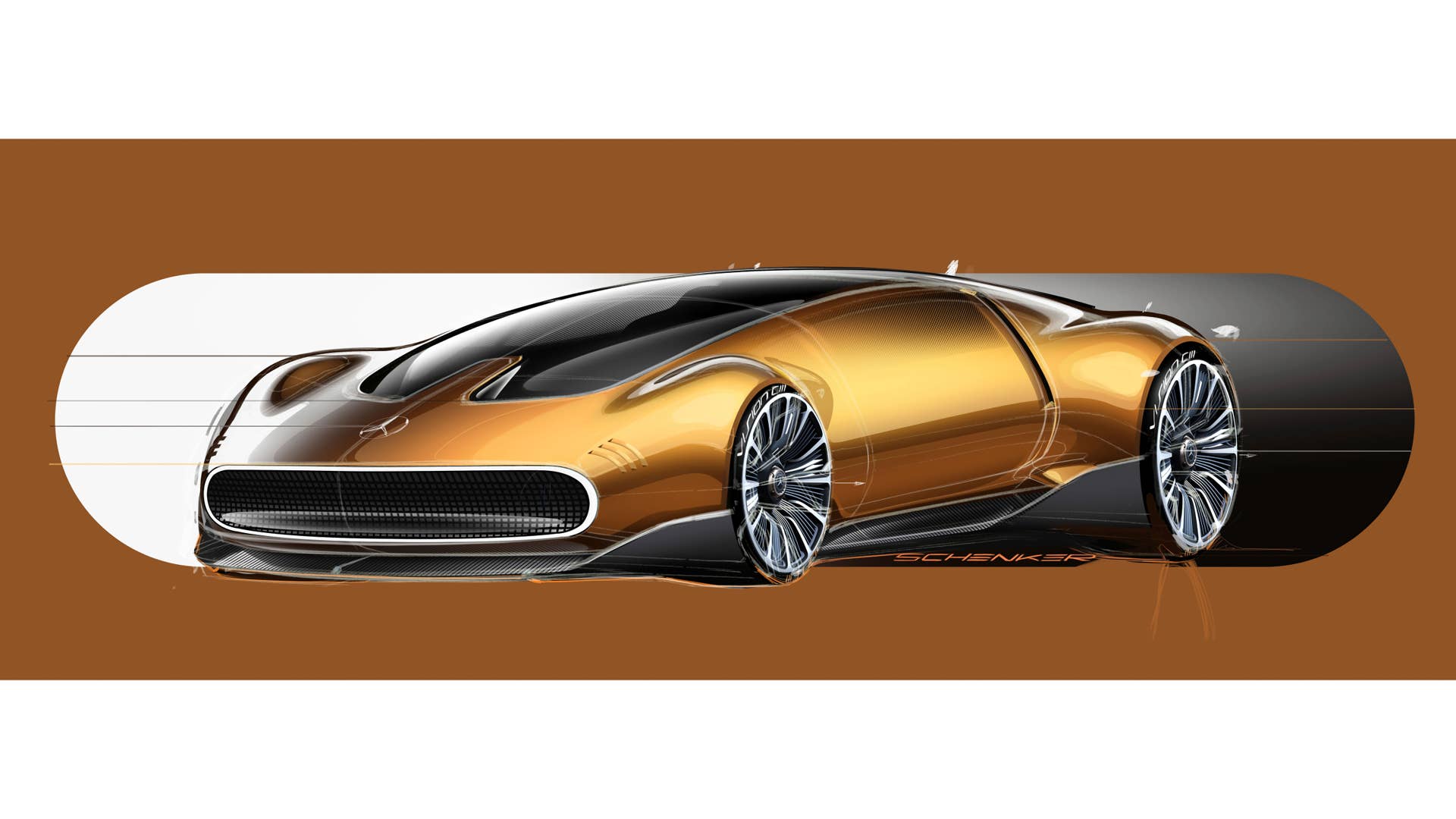 Mercedes-Benz Vision One-Eleven: Progressive Interpretation einer Markenikone der 1970er Jahre, Design Skizze, 2023 // Mercedes-Benz Vision One-Eleven: progressive interpretation of a 70s brand icon, Design sketch, 2023