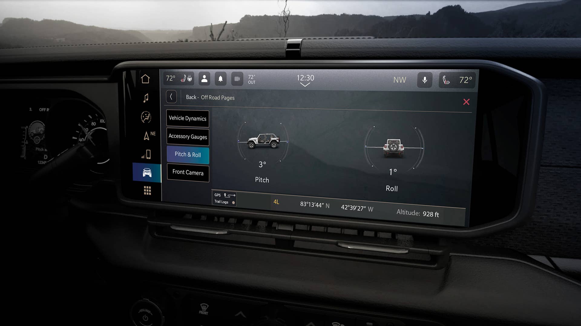 2024 Jeep® Wrangler interior features all-new 12.3-inch Uconnect 5 touchscreen radio with available Off Road Pages, which deliver real-time information such as pitch and roll.