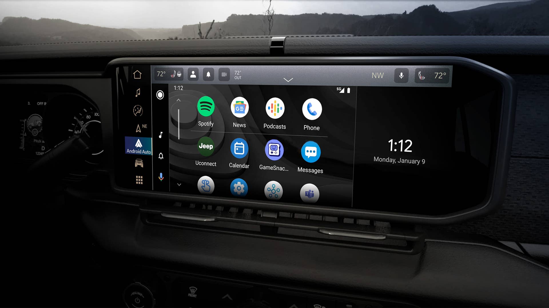2024 Jeep® Wrangler interior features all-new 12.3-inch Uconnect 5 touchscreen radio with standard wireless Android Auto and Apple CarPlay.
