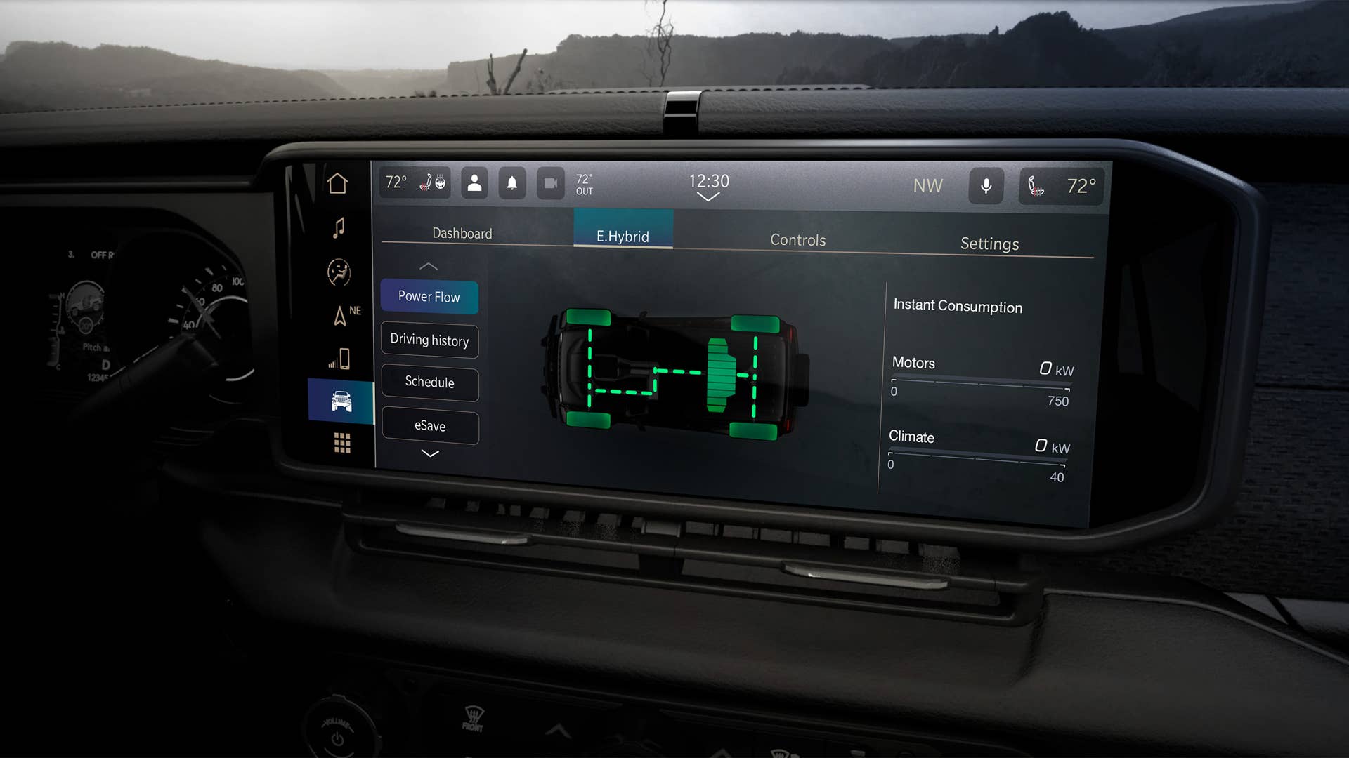 2024 Jeep® Wrangler 4xe interior features all-new 12.3-inch Uconnect 5 touchscreen radio with E.Hybrid page that displays power flow of the hybrid system.