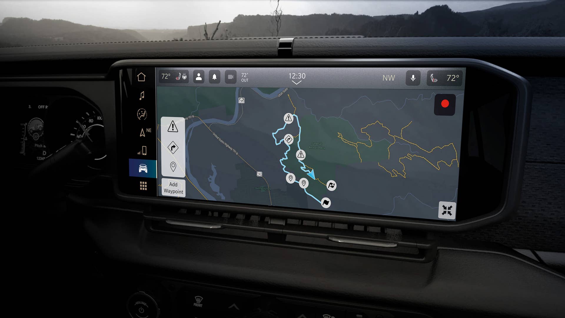 2024 Jeep® Wrangler interior features all-new 12.3-inch Uconnect 5 touchscreen radio with available GPS Trails Log, allowing customers to input waypoints and save personal trail routes.